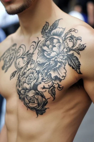 Realistic black and grey floral rose tattoo design for men on chest and shoulder