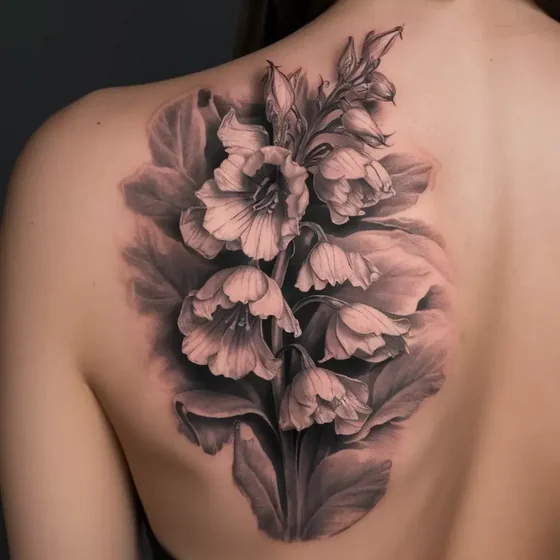 Realistic black and grey floral tattoo for women on back and shoulder