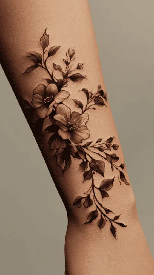 Realistic black and grey floral tattoo idea for women on forearm.