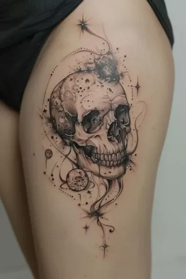 Realistic black and grey skull and moon tattoo for women on thigh