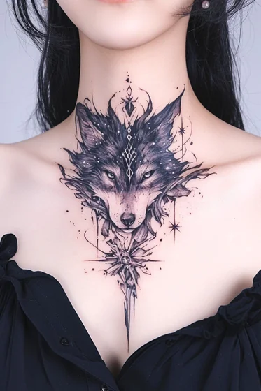 Realistic blackwork wolf and star tattoo idea for women on neck and sternum
