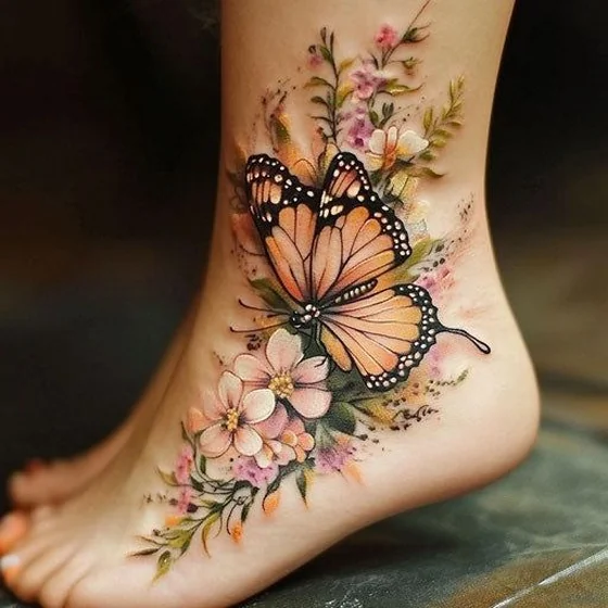 Realistic butterfly and floral tattoo idea for women on ankle