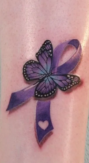 Realistic butterfly, heart, awareness ribbon tattoo idea for women