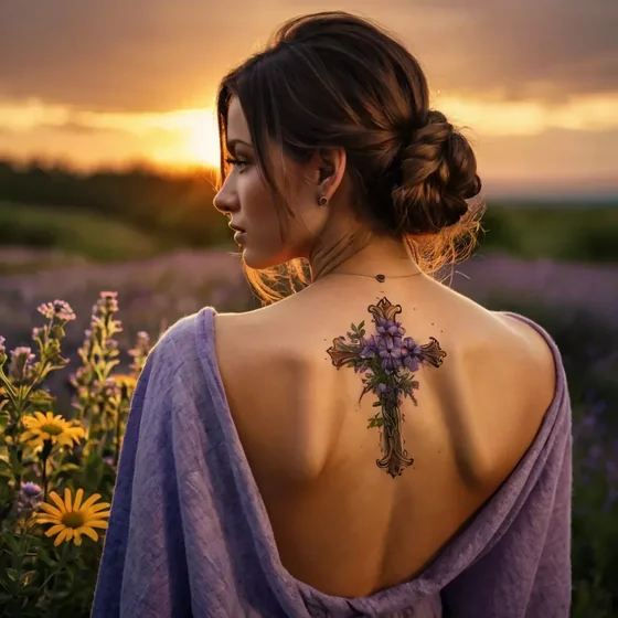 Realistic cross and floral tattoo for women on back