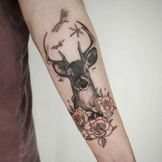 Realistic deer, rose, dragonfly linework tattoo design for men/women on forearm