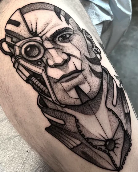 Realistic dotwork cyborg tattoo design for men on thigh