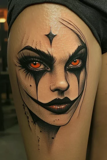 Realistic dotwork jester tattoo for women on thigh