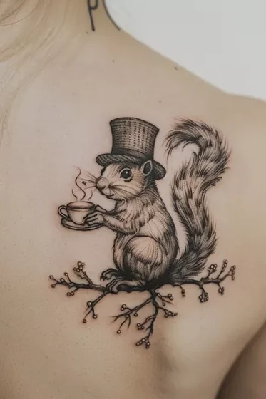 Realistic dotwork squirrel with top hat and teacup tattoo idea for women on shoulder