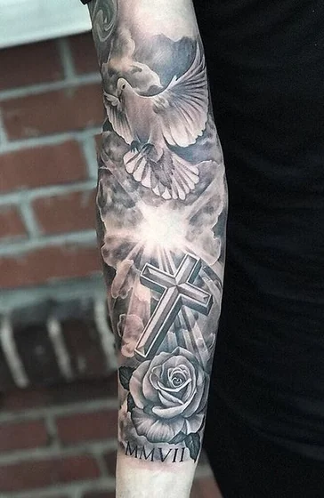 Realistic dove, cross, and rose tattoo design for men on forearm
