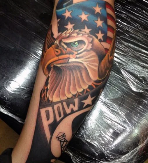 Realistic eagle, American flag, POW tattoo design for men