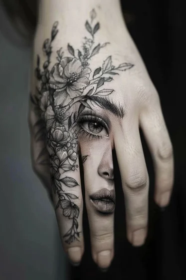 Realistic female face and floral tattoo design for women on hand