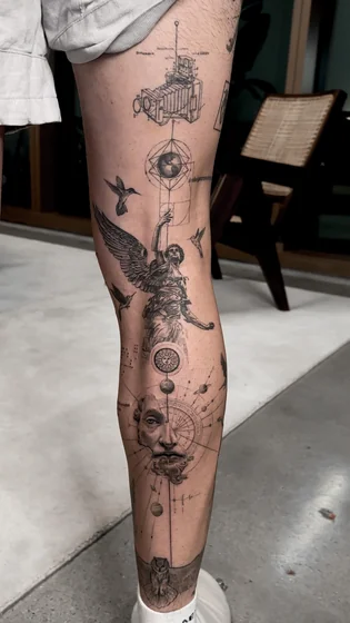 Realistic fine line angel, sun, camera tattoo design for men on calf.