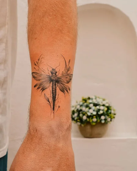 Realistic fine line dragonfly tattoo design for men on forearm tattoo ideas
