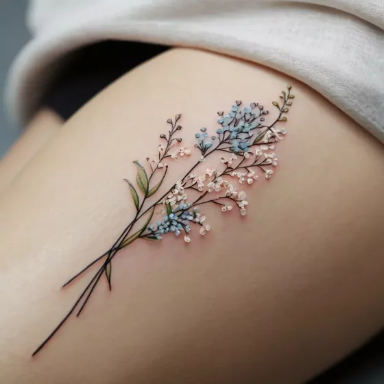 Realistic fine line floral tattoo design for women on thigh