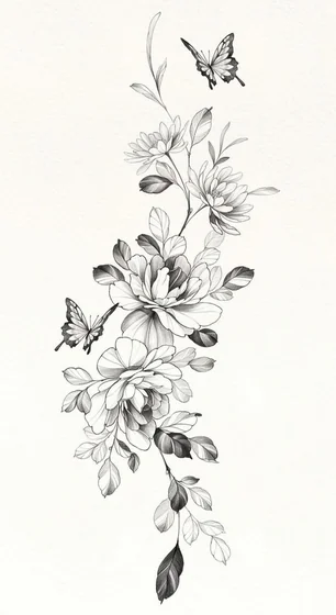 Realistic fine line flower and butterfly tattoo design for women