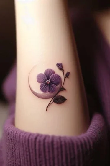 Realistic fine line flower and moon tattoo design for women on forearm