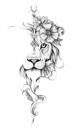 Realistic fine line lion, floral & geometric design for women