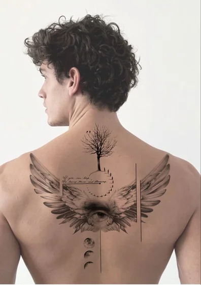 Realistic fine line wing, tree, moon, eye, stairs tattoo design for men on back