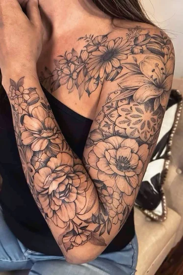 Realistic floral and dotwork full sleeve and chest tattoo design for women