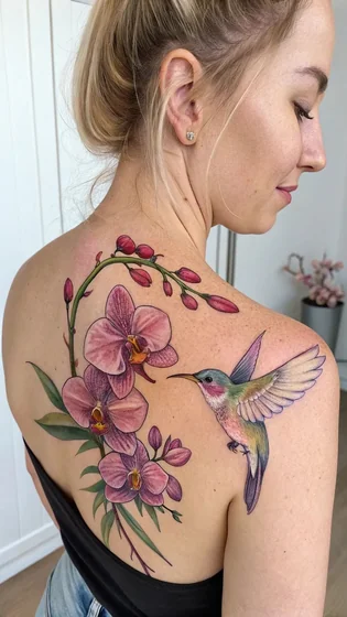 Realistic floral and hummingbird tattoo design for women on back