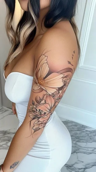 Realistic floral half sleeve tattoo idea for women on upper arm