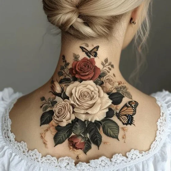 Realistic floral rose and butterfly tattoo for women on back and neck