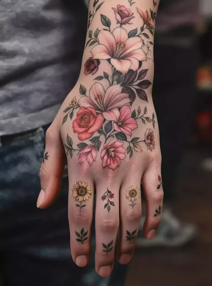 Realistic floral, rose tattoo design for women on hand and wrist