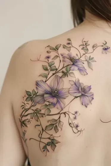 Realistic floral tattoo idea for women on shoulder and back