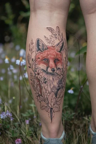 Realistic fox and floral tattoo design for women on calf