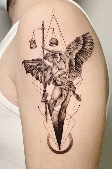 Realistic geometric Saint Michael angel tattoo for men