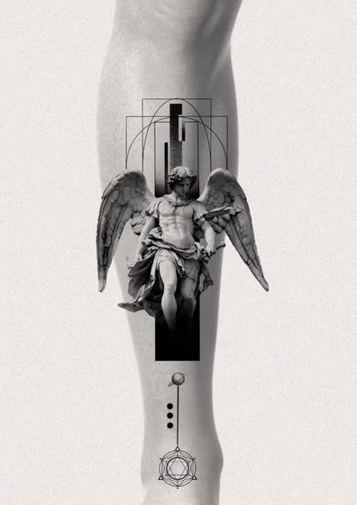 Realistic geometric angel and Saint Michael tattoo design for men on calf