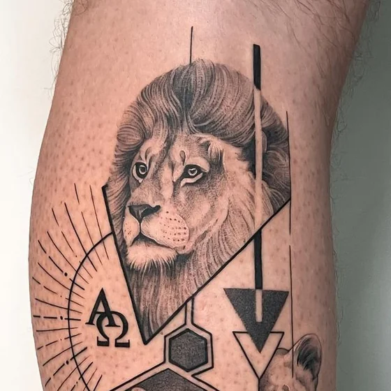 Realistic geometric lion and Alpha Omega tattoo for men/women on calf