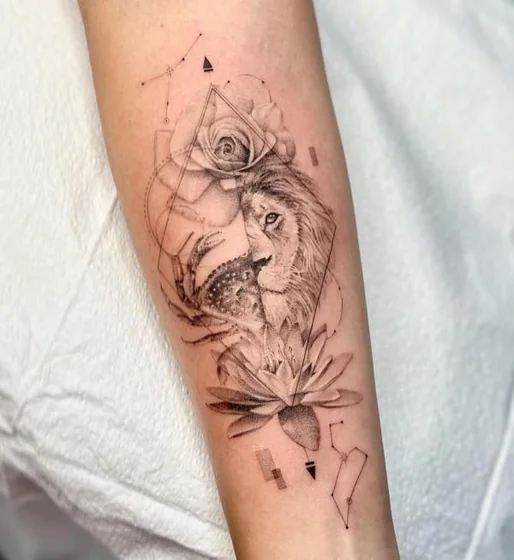 Realistic geometric lion, cancer, rose & constellation tattoo design for women on forearm