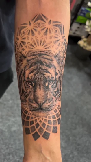 Realistic geometric tiger tattoo design for men on forearm