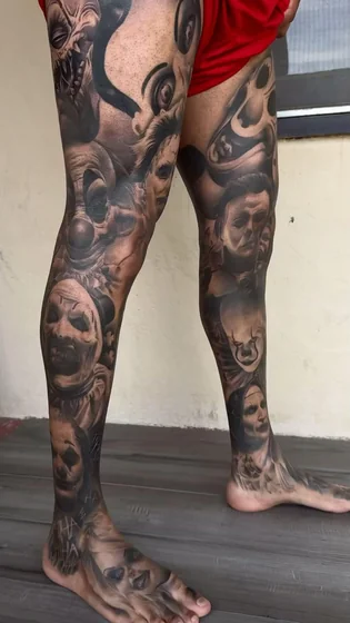 Realistic horror character patchwork leg tattoo design for men