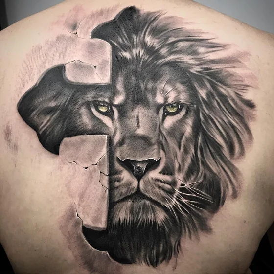 Realistic lion and cross tattoo design for men and women on back