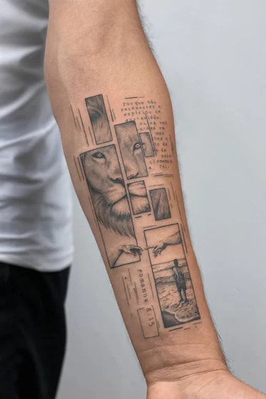 Realistic lion, religious hands & quote tattoo design for men on forearm