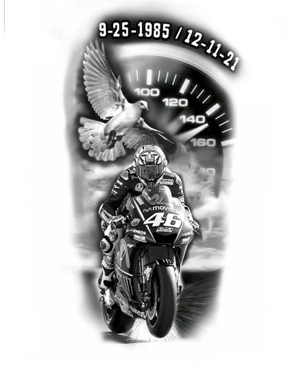 Realistic motorbike, dove, speedometer tattoo design for men