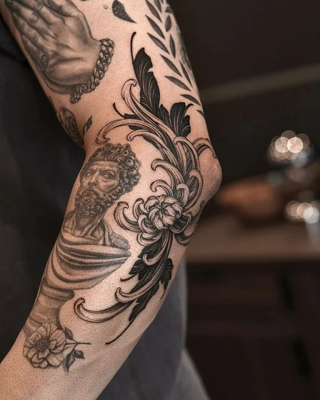 Realistic patchwork floral, bust, religious tattoo idea for men.