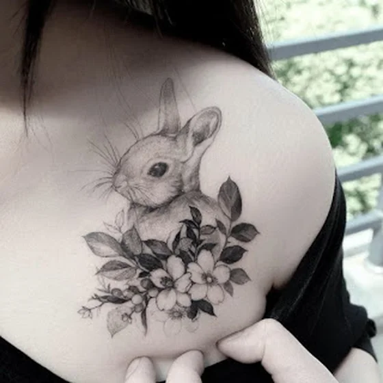 Realistic rabbit and floral tattoo idea for ladies on chest.