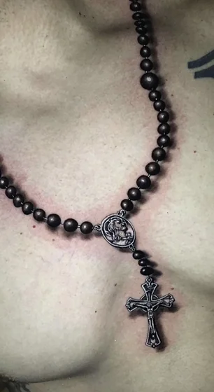 Realistic religious rosary and cross tattoo for men on chest