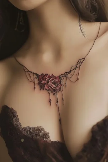 Realistic rose floral jewelry tattoo idea for women on chest