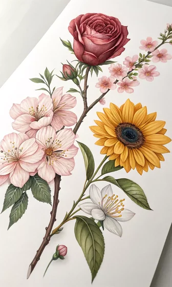 Realistic rose, sunflower, and floral tattoo design for women