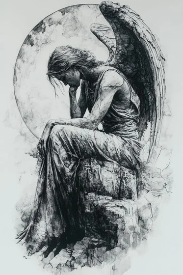 Realistic sketch angel with wings and moon tattoo design for women