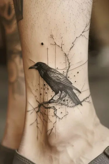 Realistic sketch raven tattoo design for men on ankle and calf