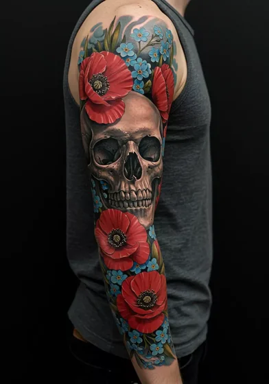 Realistic skull and floral full sleeve tattoo idea for men