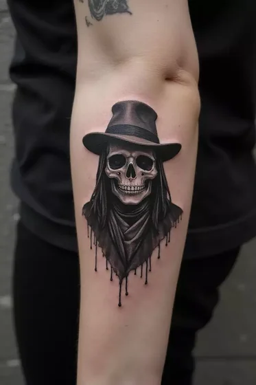 Realistic skull grim reaper tattoo for men and women on upper arm