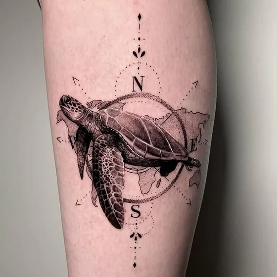 Realistic turtle, compass, world map tattoo for women on thigh