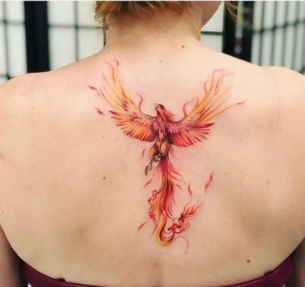 Realistic watercolor Phoenix tattoo design for women on back
