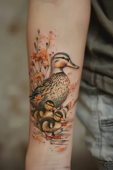 Realistic watercolor duck family and flowers tattoo design for women on forearm